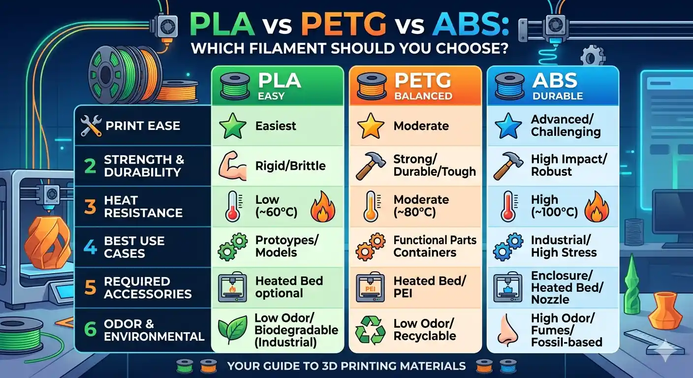 PLA vs PETG vs ABS — Which 3D Printing Material is Right for Your Project?